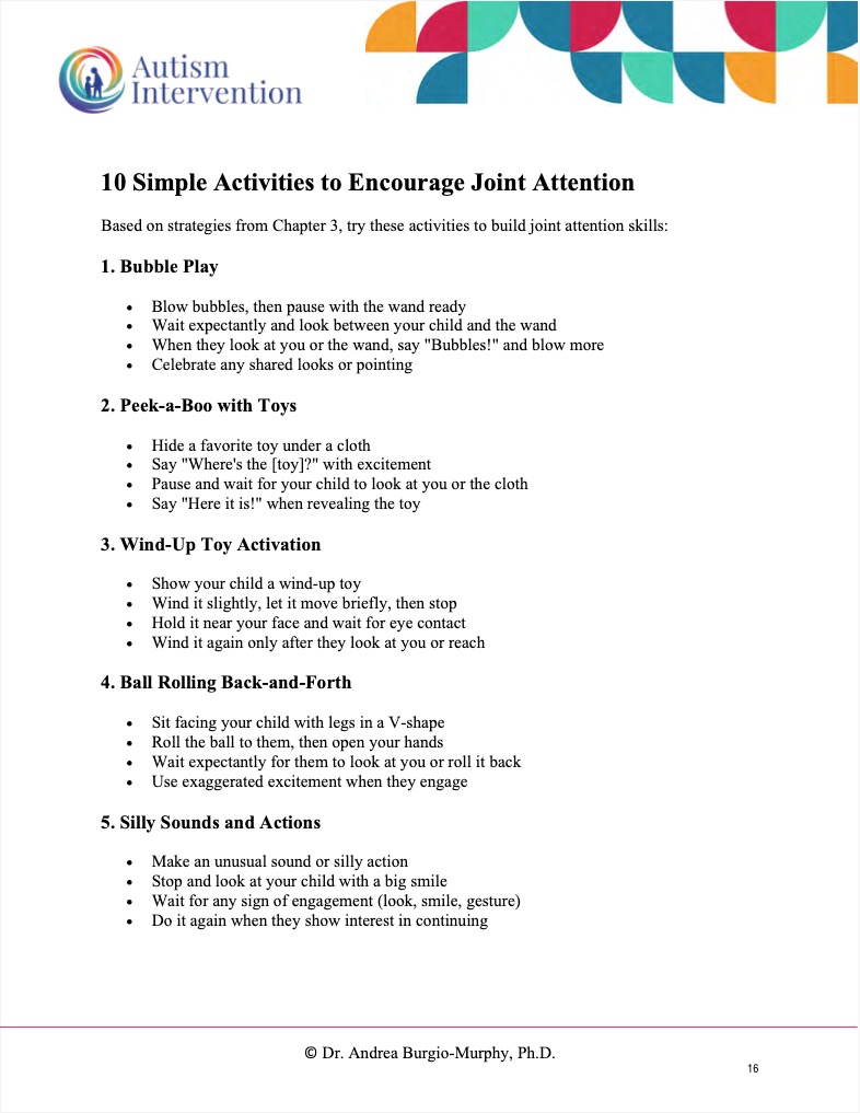 Sample page showing ten simple activities to encourage joint attention