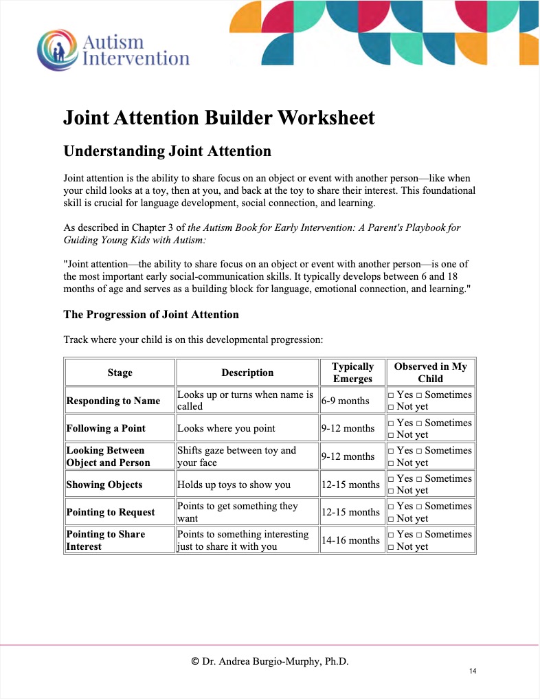 Sample page showing the Joint Attention developmental progression chart